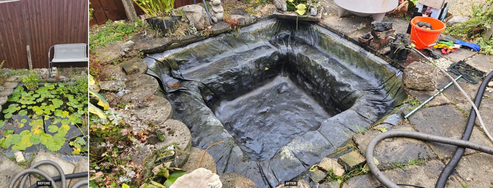 Before and after pond cleaning - algae-filled pond restored to clear water